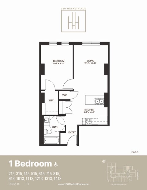 Floor plan for 1 bed, 1 bath, 646 sqft